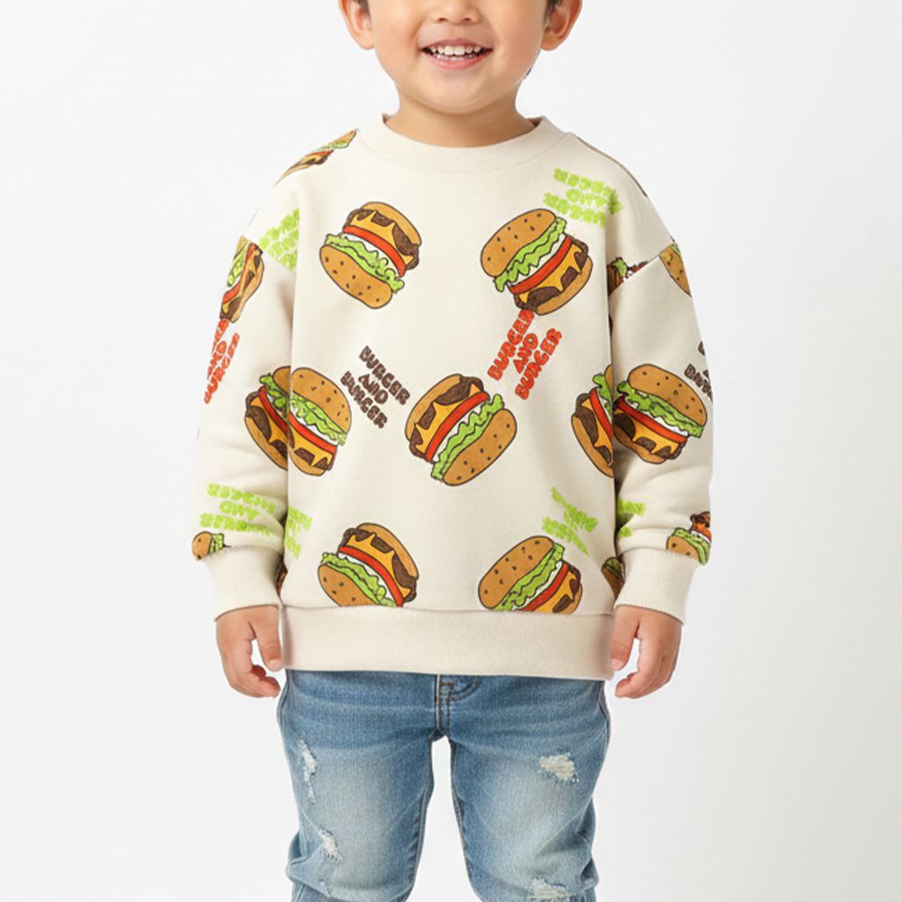 美式餐廳印花裏毛長袖上衣-滿版漢堡-白