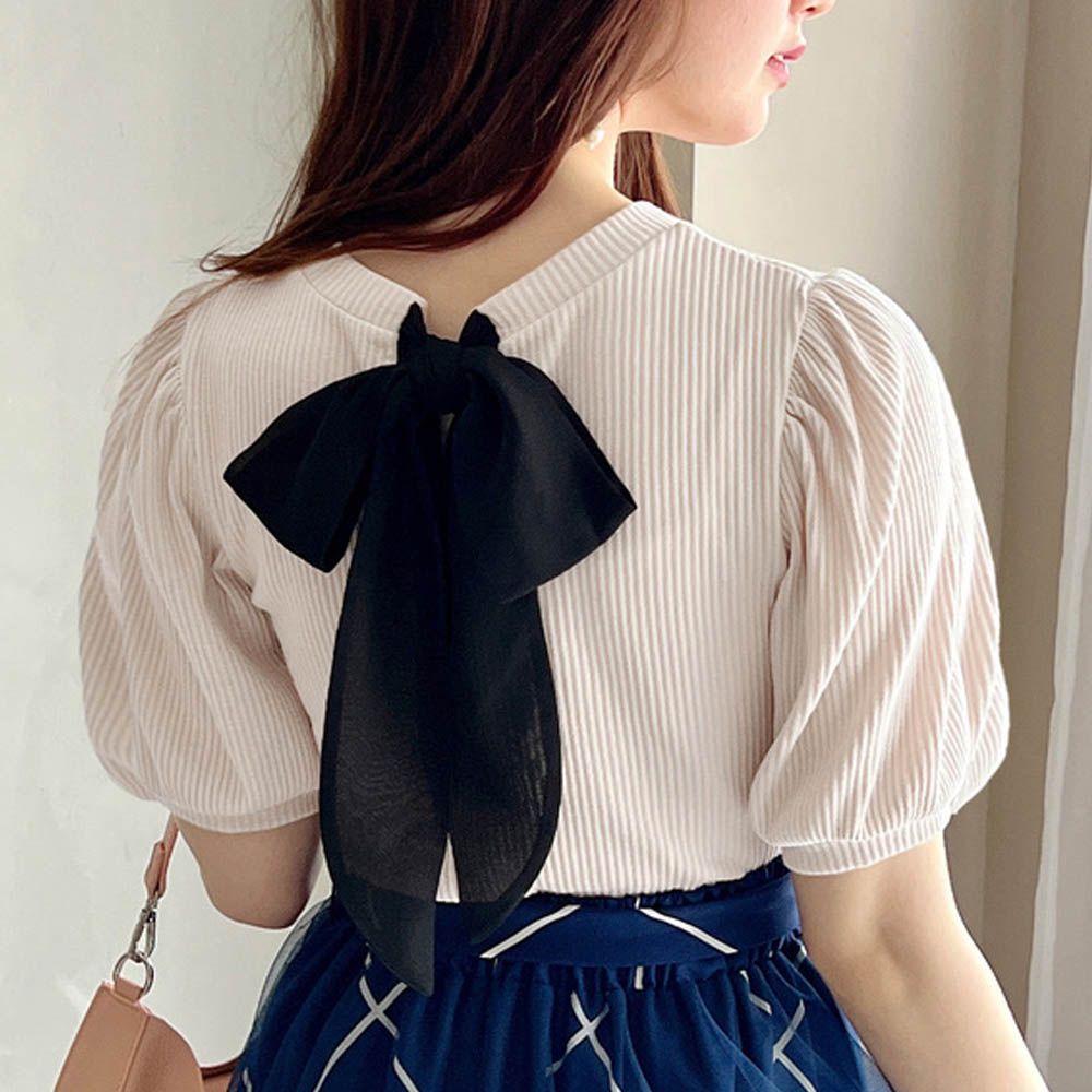 背後浪漫緞帶羅紋泡泡袖上衣-象牙 (F)