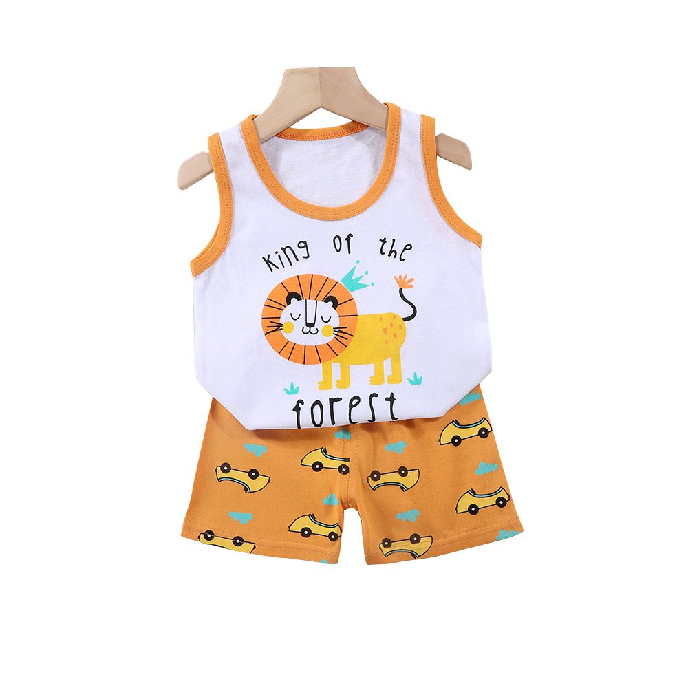 兒童純棉背心+短褲套裝 寶寶無袖上衣 寶寶短褲-獅子
