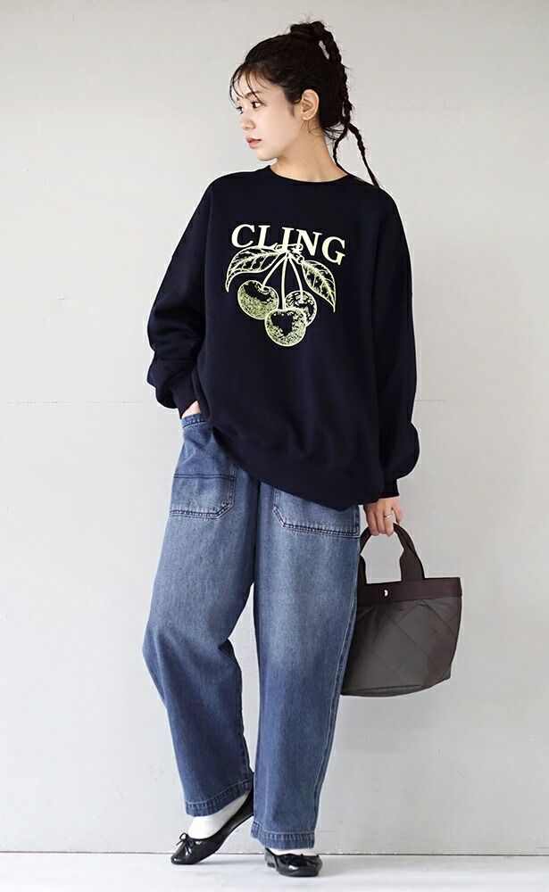 日本 zootie - 裏起毛注目櫻桃印花長袖上衣-海軍藍