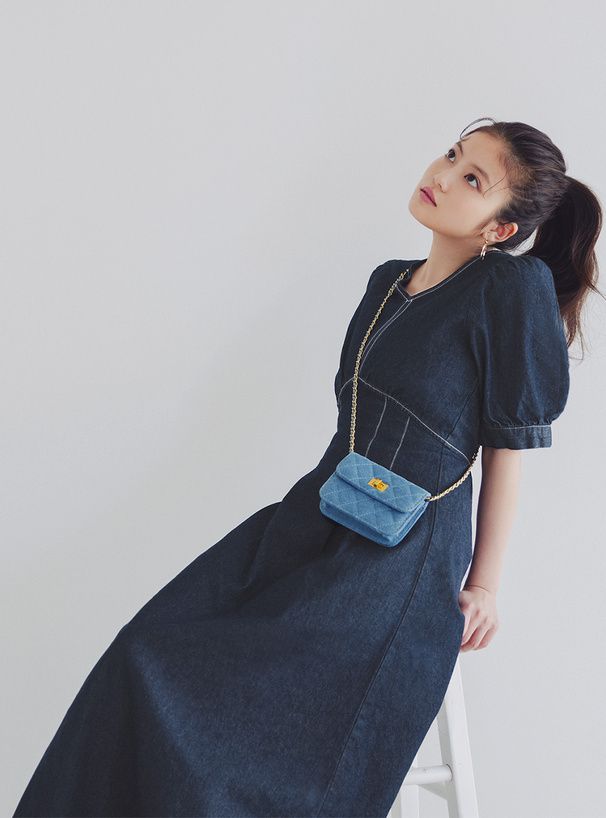 日本 GRL - V領酷甜丹寧泡泡短袖洋裝-海軍藍