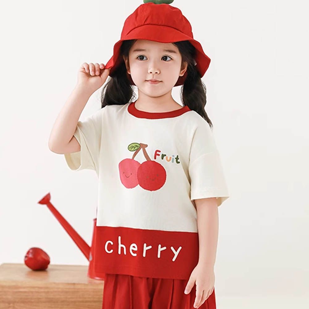 撞色拼接圓領短袖上衣-櫻桃-紅色