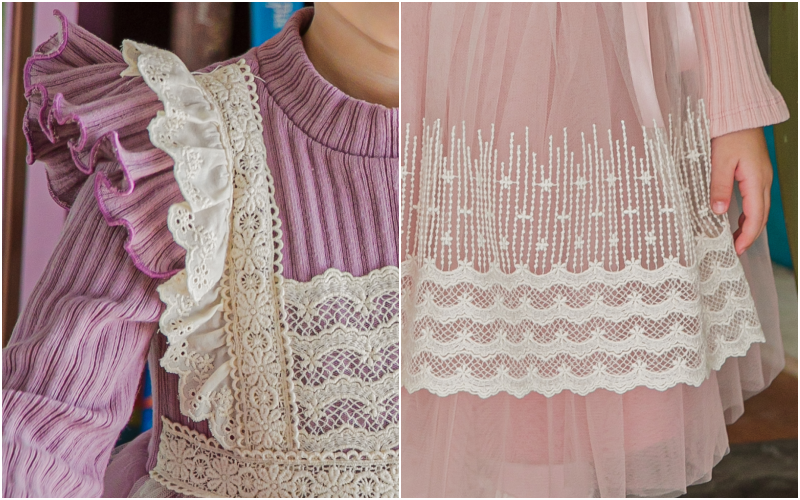 韓國 mari an u - (裏起毛)假蕾絲圍裙立體領網紗洋裝-薰衣紫