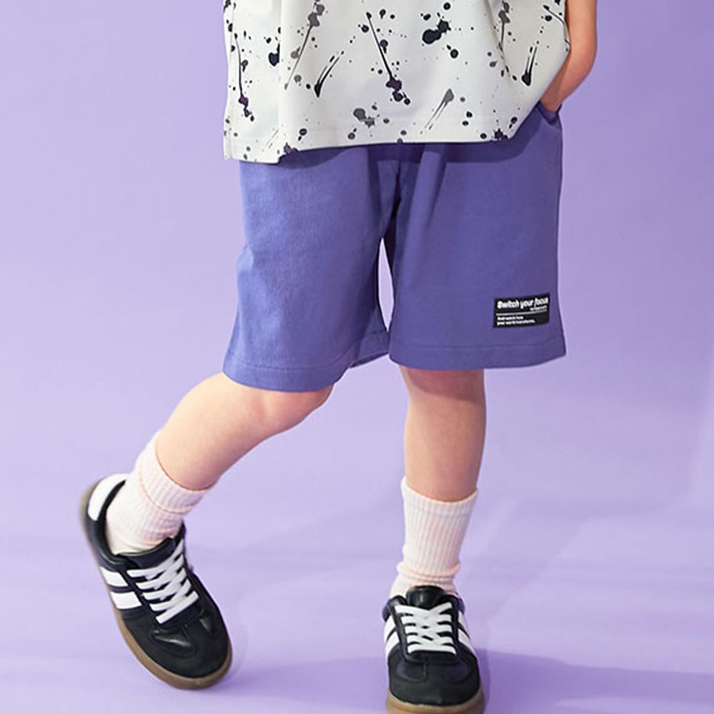 夏日印花純棉寬版短褲-低調黑標-藍紫