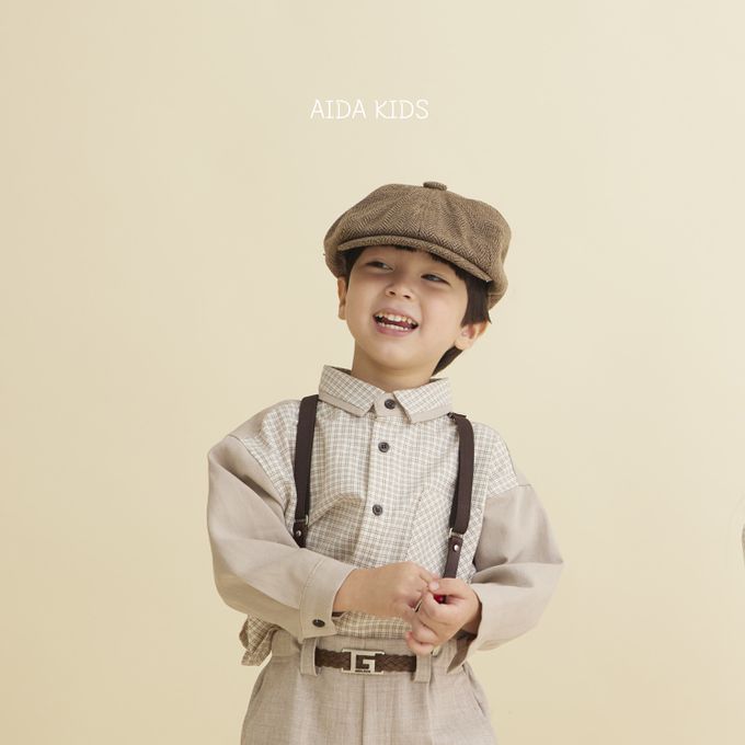 韓國 AIDA - (不含領結)拼接感格紋翻領長袖襯衫-可可咖