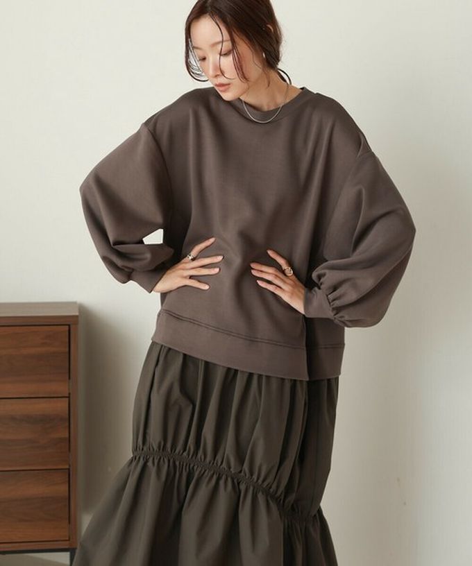 日本 Bab - 柔美造型皺摺拼接長袖洋裝-淺杏