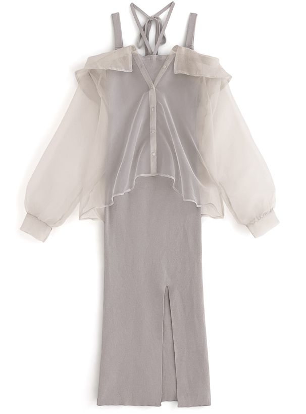 日本 GRL - 浪漫透膚吊帶針織兩件式洋裝-淺灰棕