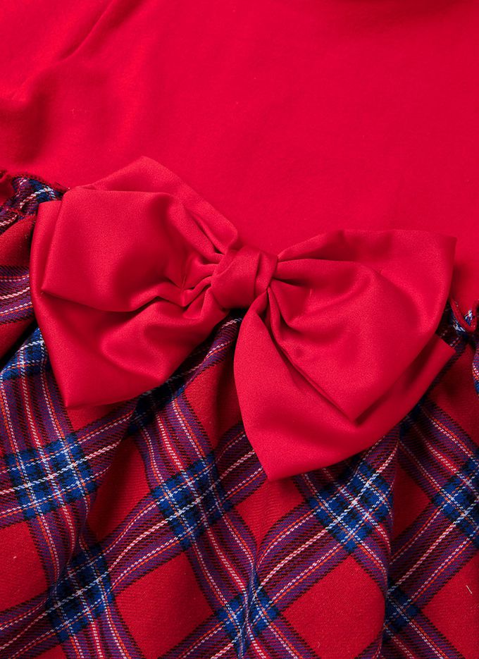 韓國 OZKIZ - 格紋拼接蝴蝶結長袖洋裝-紅