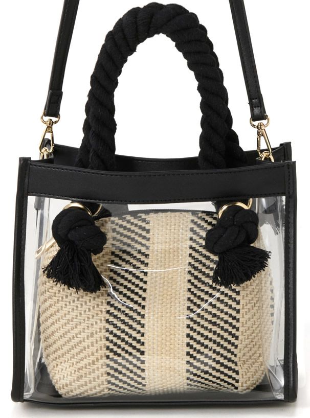 日本 GRL - 編織麻繩造型透明手提袋X編織收納包兩件組-黑