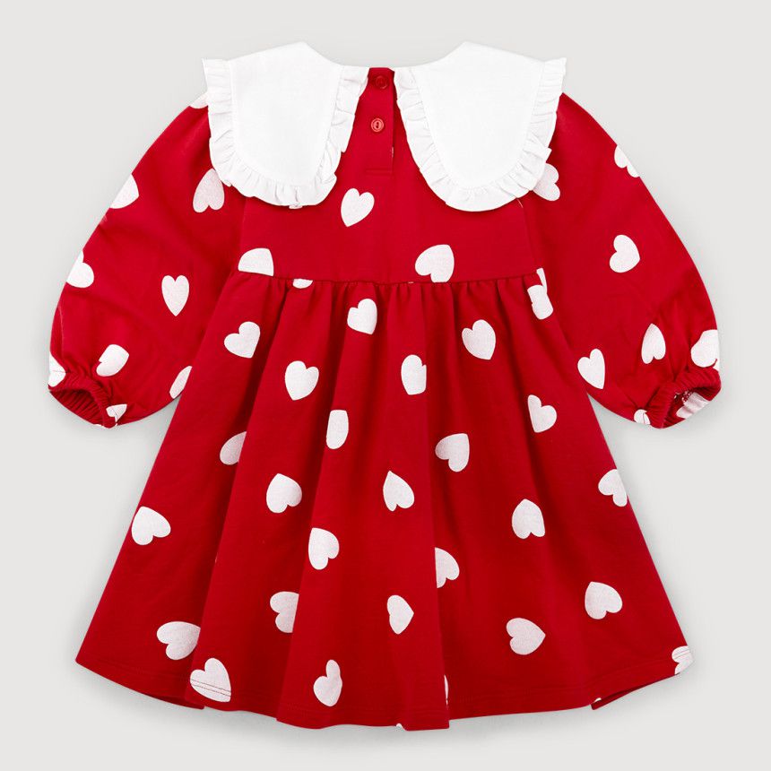 韓國 Jelispoon - 荷葉白領滿版愛心縮腰洋裝-紅