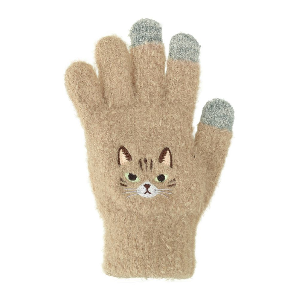 日本 TOMO - 大人可觸控短絨保暖手套-虎斑貓-杏