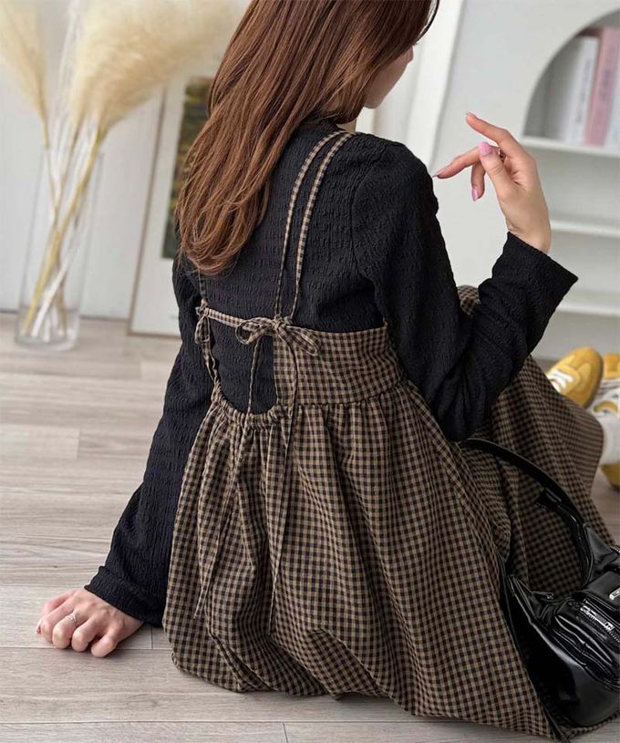 日本 Classical Elf - 成熟可愛感後綁帶吊帶洋裝-格子-灰黑