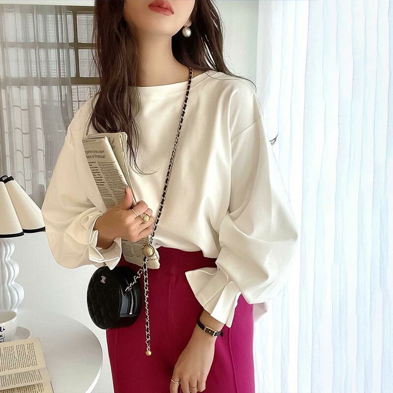 日本 Classical Elf - 100%棉 船領顯瘦糖果袖上衣-冰河灰