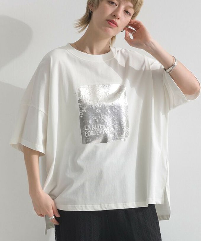 日本 le colis - 接觸冷感 金銀箔方塊印花T恤-黑