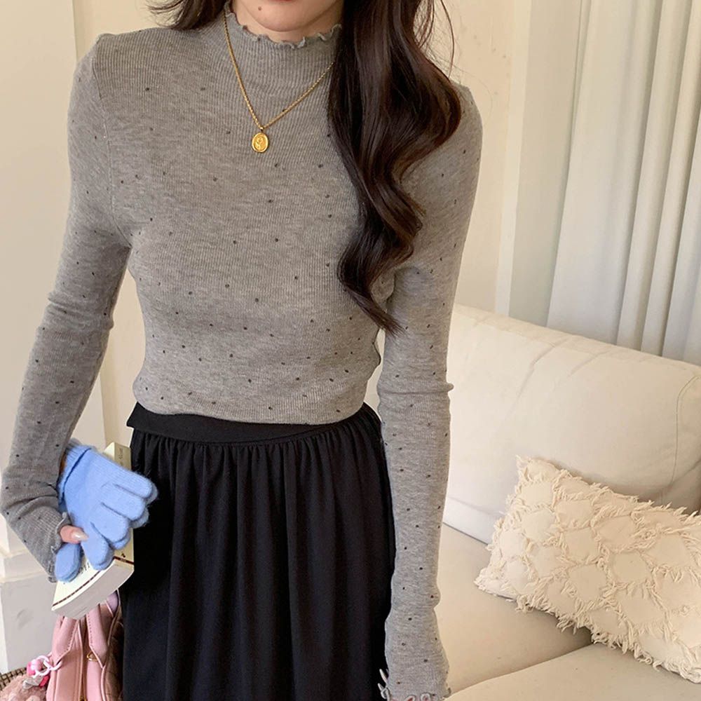 半高領木耳邊點點長袖針織上衣-灰色 (F)