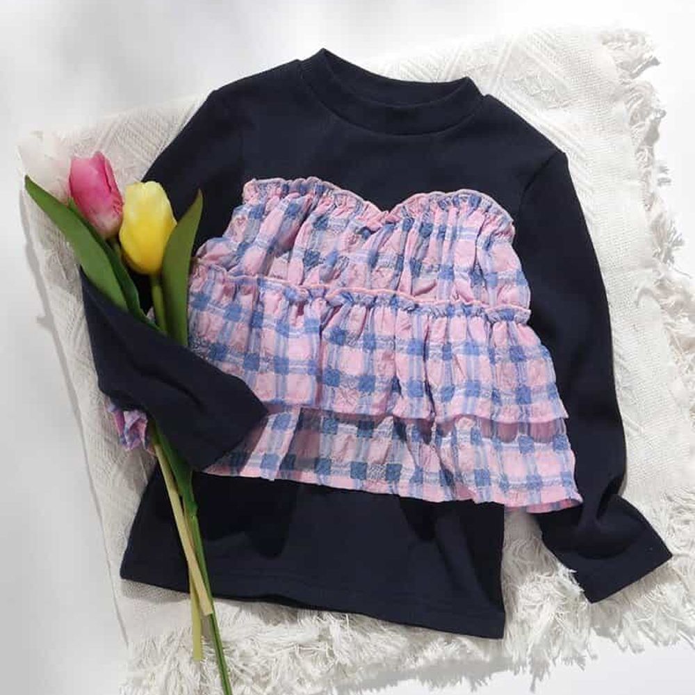 時尚拼接皺摺格紋長袖上衣-海軍藍x粉紫