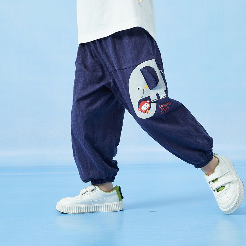 竹節棉束口長褲/防蚊褲-小象與猴子-深藍色