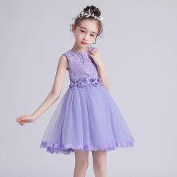 Doveark - 蕾絲網紗無袖澎澎紗裙-腰間小花-紫色