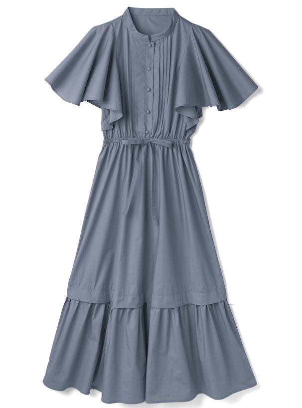 日本 GRL - 文藝復古荷葉袖收腰洋裝-淺卡其