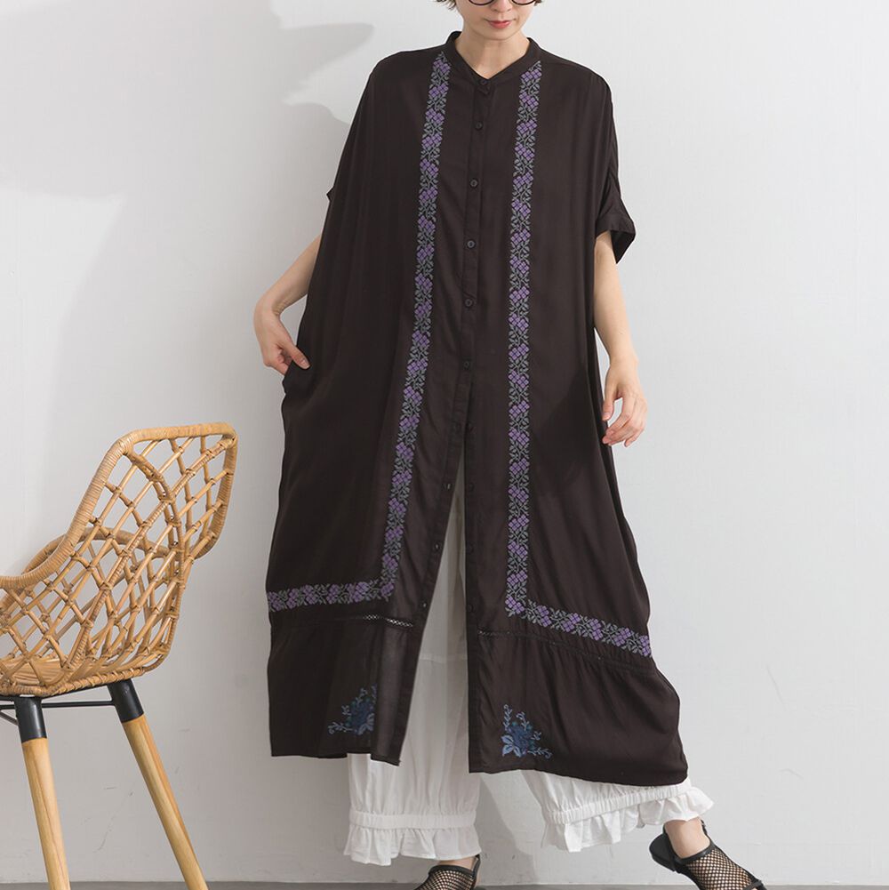 印度棉 民族風刺繡飄逸感短袖洋裝-黑
