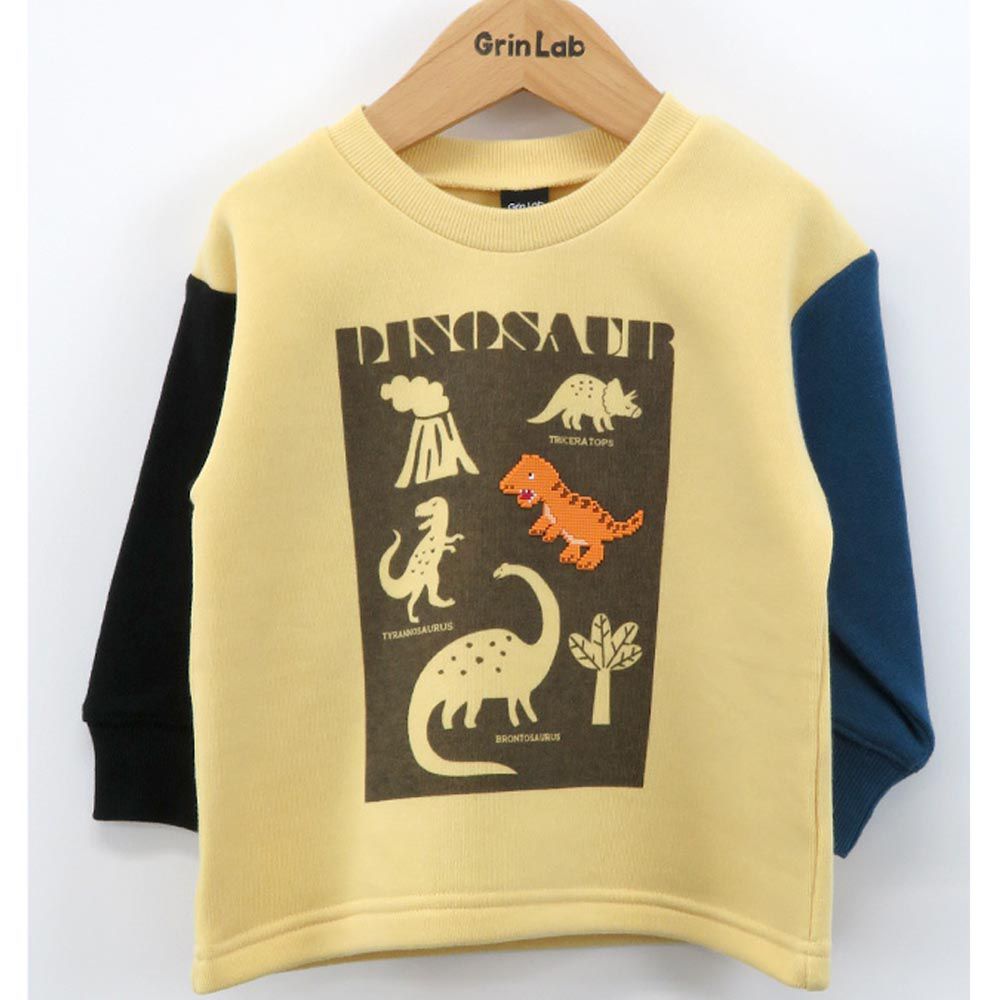 日本 ZOOLAND - 裏起毛撞色恐龍印花長袖上衣-奶油黃