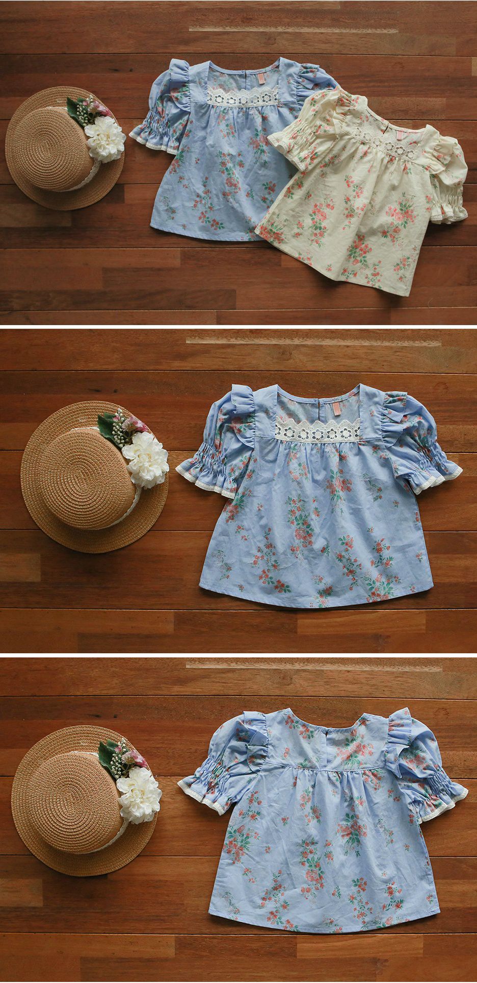 韓國 PuellaFLO - ㄩ字領公主袖花花上衣-天藍