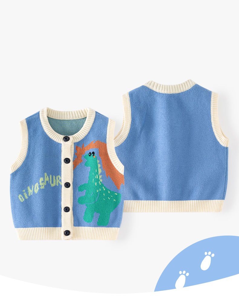 圓領百搭針織排釦背心-恐龍-藍色-釦子顏色隨機