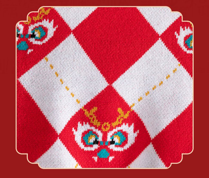 (加絨)喜氣拜年圓領針織長袖毛衣-福氣龍-紅+白