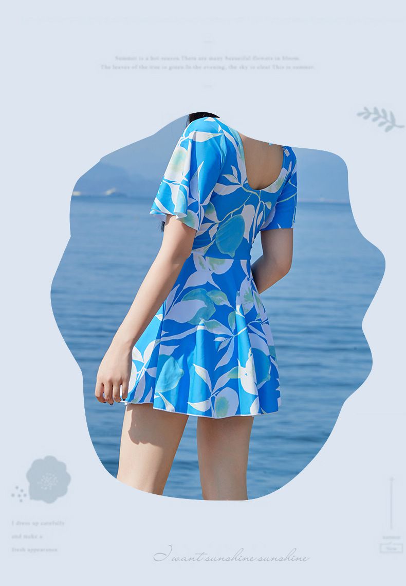 渡假風V領修身顯瘦遮肉連身裙泳衣-藍色