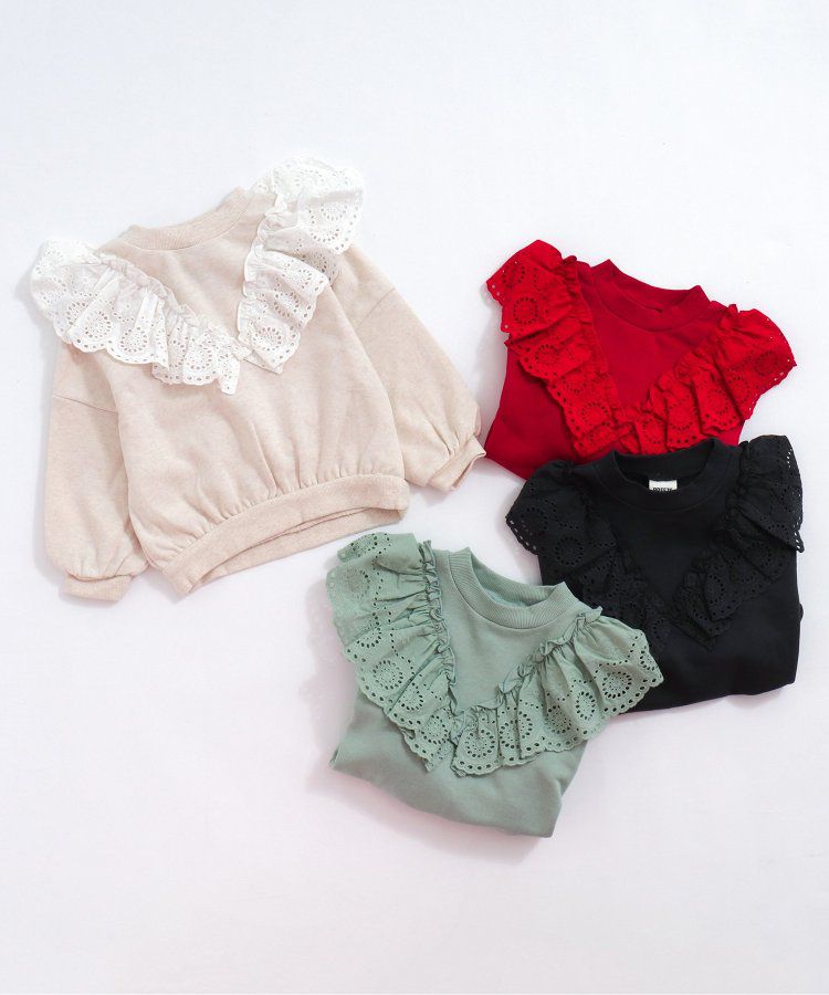 日本 BREEZE - V領蕾絲摺邊長袖上衣-薄荷