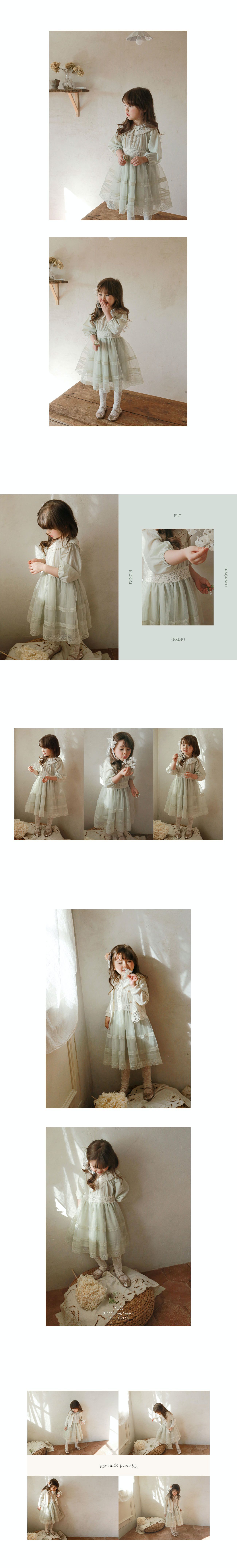 韓國 Puellaflo - 雕花鏤空領蕾絲縮腰澎澎網紗洋裝-淺綠