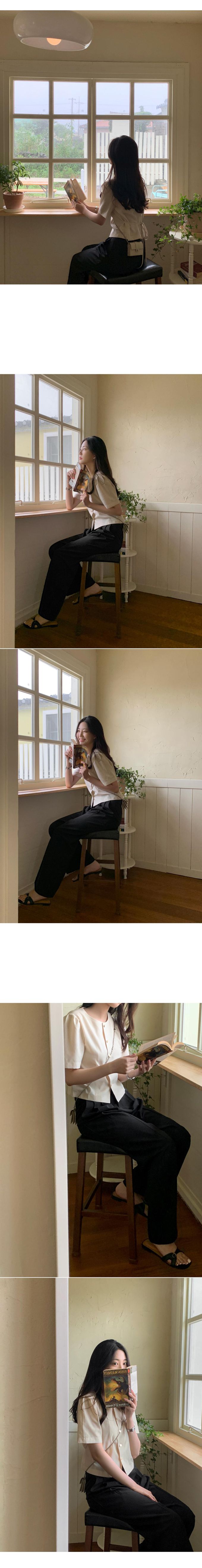 韓國 98doci - 氣質鈕扣公主抓褶袖襯衫-黑