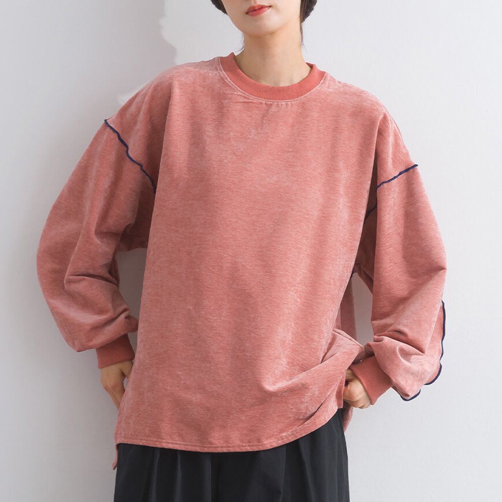 木耳縫線休閒絨面長袖上衣-煙燻粉