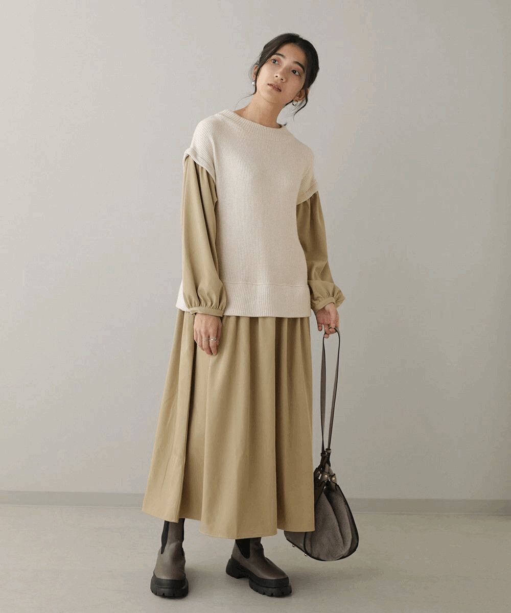 日本 Bou Jeloud - 針織背心假兩件拼接長袖寬鬆洋裝-米