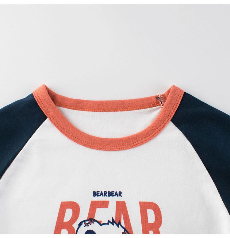 純棉圓領薄長袖上衣-可愛熊熊-米白+深藍