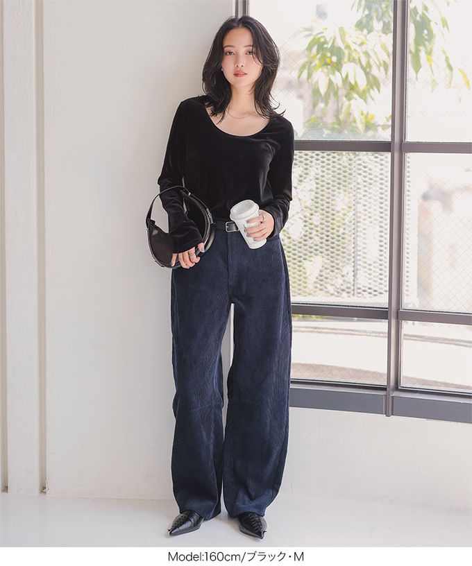 日本 Kobe Lettuce - 前後2way 光澤絲絨U領長袖上衣-灰