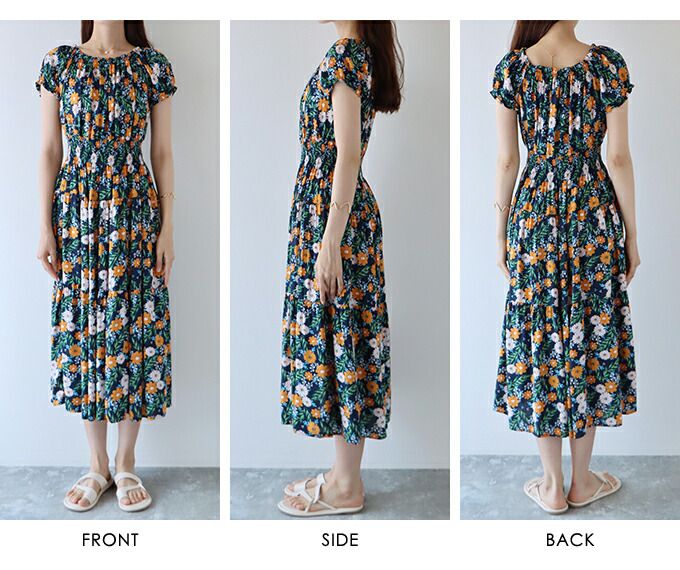 日本 BLUE EAST - 絕美平口縮腰泡泡袖洋裝-碎花-藍