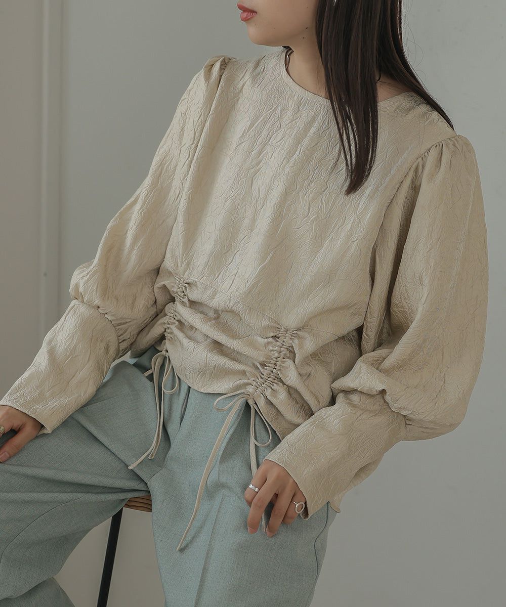 日本 Bab - 光澤感抽繩泡泡袖上衣-香檳