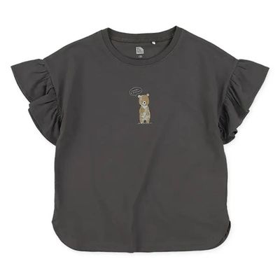 日本西松屋 - 可愛女孩荷葉袖印花上衣-小熊-炭灰