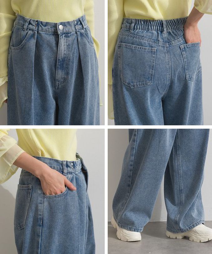 日本 ELENCARE DUE - 10oz 立體摺線後腰鬆緊牛仔褲-刷色藍