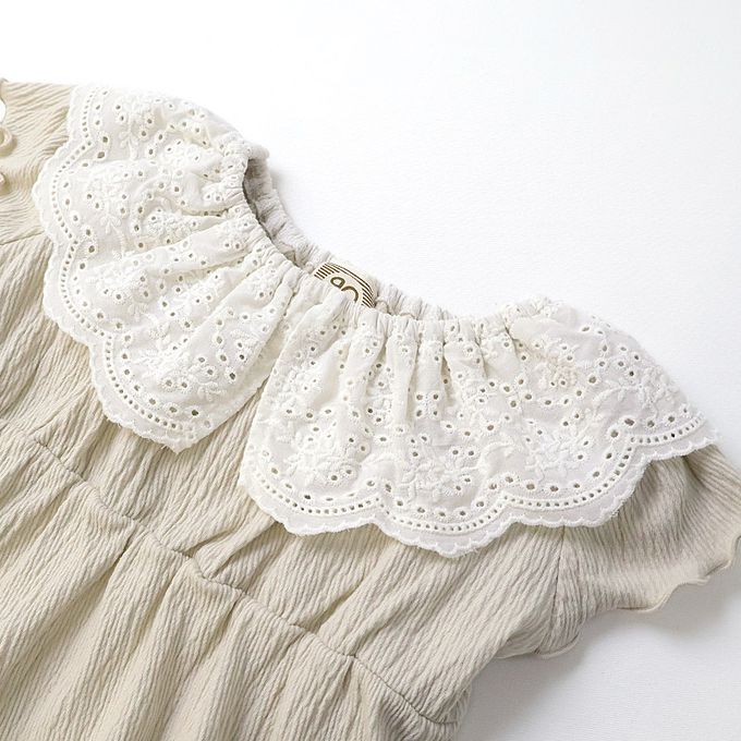 日本 ZOOLAND - 清爽楊柳 蕾絲領木耳短袖洋裝-粉紅