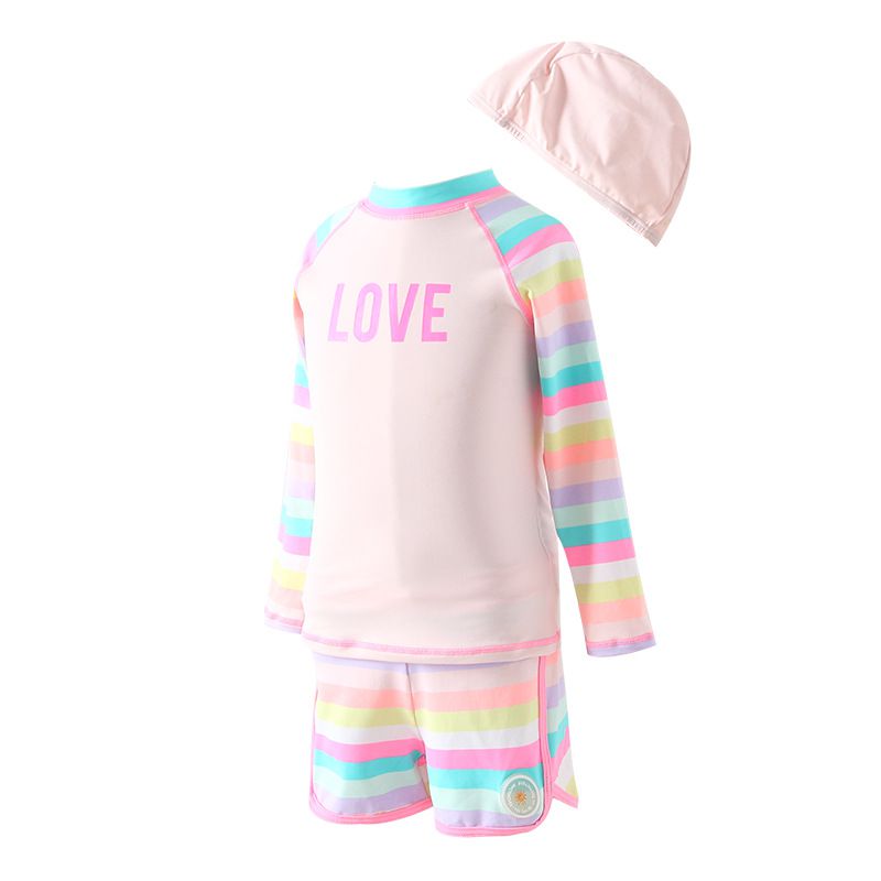 女寶長袖泳裝套裝(附帽子)-LOVE-粉橘色