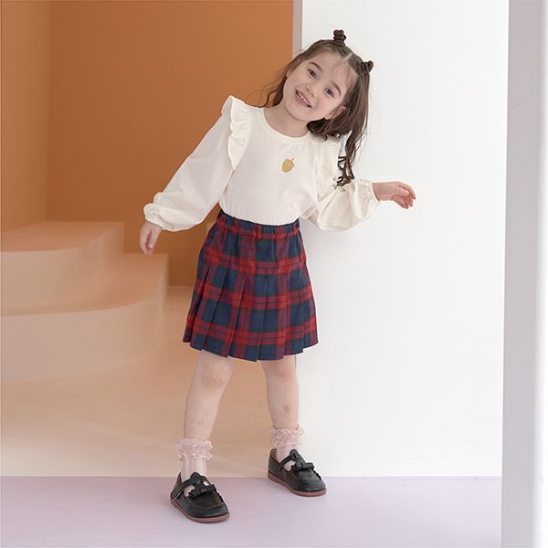 日本 Lycee mine - 閃耀印花肩部摺邊長袖上衣-草莓-象牙白