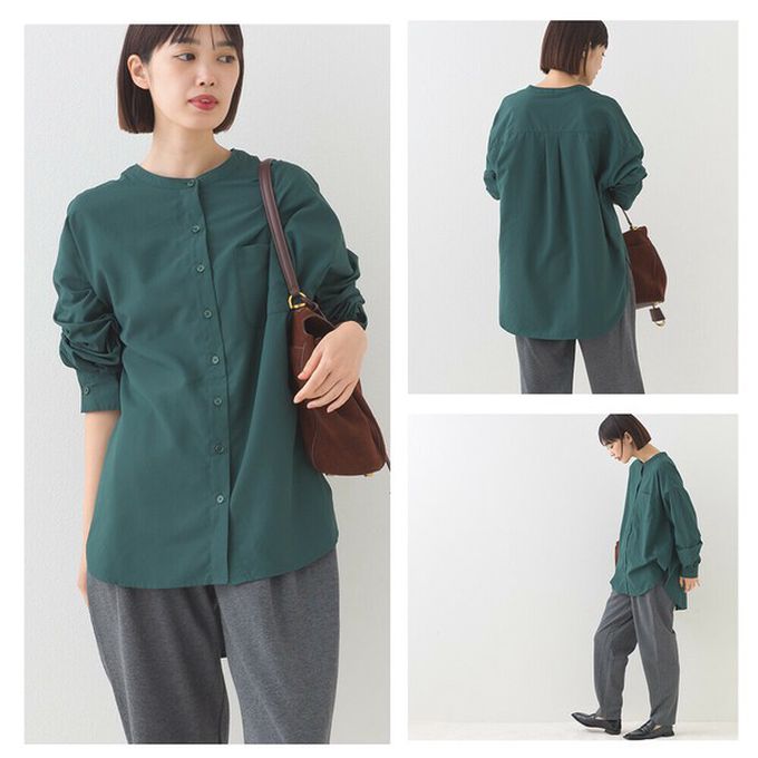 日本 OMNES - 柔滑科技棉 小立領長袖襯衫-芥末黃