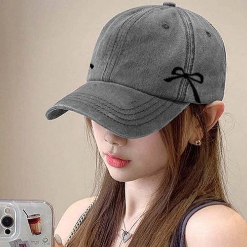 日本 GRL - 二側蝴蝶結刺繡洗舊感棒球帽-灰 (F)