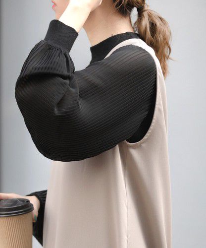 日本 Bou Jeloud - 異材質拼接百摺長袖上衣-萊姆黃