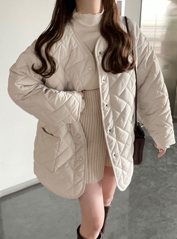 日本 GRL - 圓領寬鬆休閒絎縫夾克-象牙白