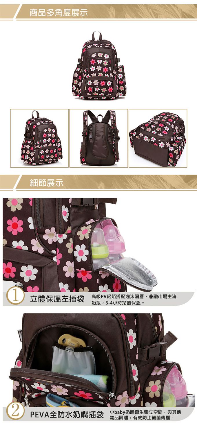 Colorland - 『經典款』加大升級版後背媽媽包-杏色圓點-三件組(掛車扣+濕物袋+隔尿墊)