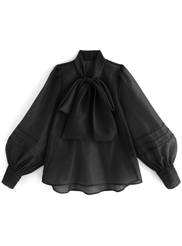 日本 GRL - 薄紗透感扭結氣球袖上衣-黑 (F)