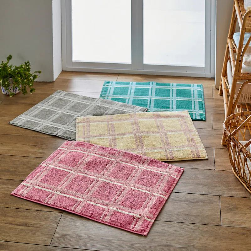 日本千趣會 - 純棉吸水毛巾腳踏墊兩件組-細格紋-灰 (45x60cm)